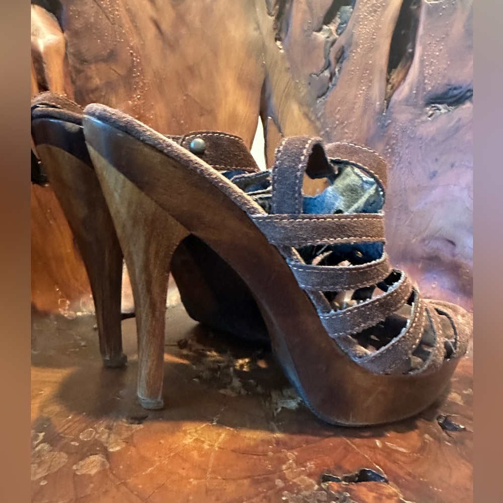 🤩Brown Suede Wooden 5 inch Platform Super Comfy 🌼 Floral Platform Shoes - Picture 7 of 14
